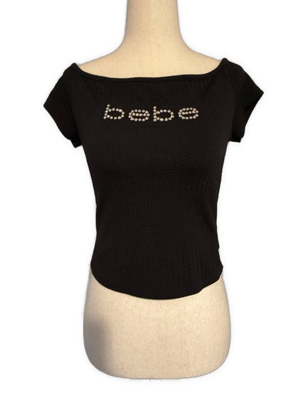 Bebe Solid Black Rhinestone Logo Off Shoulder Boat Neck Y2K Top Shirt Small